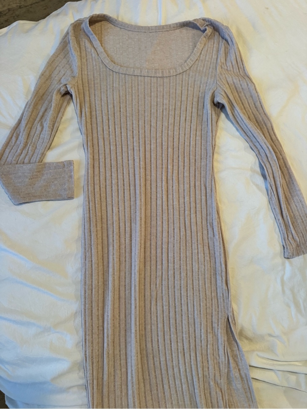Women's Ribbed Knit Long Sleeve Sweater Dress - Beige